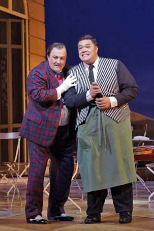 Renato Girolami as Dulcamara and Pene Pati as Nemorino in Donizetti's "The Elixir of Love." Photo: Cory Weaver/San Francisco Opera