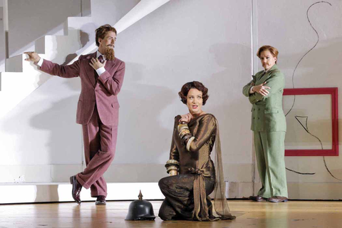 Hadleigh Adams as Ormonte, Julie Fuch as Partenope, and Daniela Mack as Rosmira (disguised as Eurimene) in Handel's "Partenope." Photo: Cory Weaver/San Francisco Opera