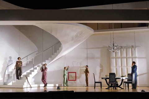 Handel's "Partenope" with Julie Fuchs as Partenope, Hadleigh Adams as Ormonte, Daniela Mack as Rosmira (disguised as Eurimene), Nicholas Tamagna as Armindo, and Carlo Vistoli as Arsace. Photo: Cory Weaver/San Francisco Opera