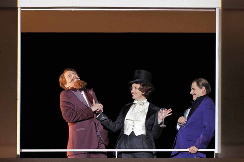 Hadleigh Adams as Ormonte, Julie Fuchs as Partenope, and Nicholas Tamagna as Armindo in Handel's "Partenope." Photo: Cory Weaver/San Francisco Opera