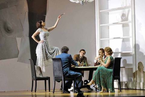 Julie Fuchs as Partenope, Carlo Vistoli as Arsace, Nicholas Tamagna as Armindo, Hadleigh Adams as Ormonte, and Daniela Mack as Rosmira in Handel's "Partenope." Photo: Cory Weaver/San Francisco Opera