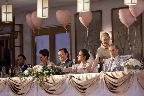 Claire de Sévigné as the Mother-in-Law (Patricia), Miles Mykkanen as the Bridegroom (Tuomas), Lilian Farahani as the Bride (Stela), Ruxandra Donose as the Waitress (Tereza), and Rod Gilfry as the Father-in-Law (Henrik) in "Innocence" by Kaija Saariaho, Sofi Oksanen, and Aleksi Barrière. Photo: Cory Weaver/San Francisco Opera