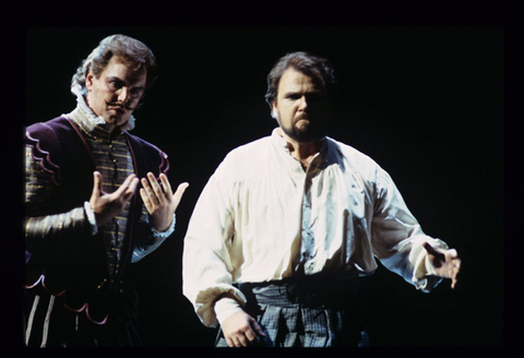 Anthony Michaels-Moore (Rodrigo), Sergei Larin (Don Carlo), Don Carlo, Giuseppe Verdi. San Francisco Opera, 1998-99. Photographer: Marty Sohl/San Francisco Opera.