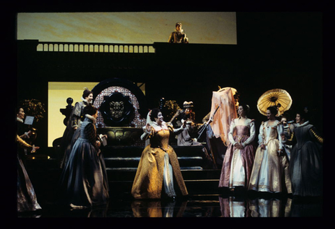 Markella Hatziano (Princess Eboli), Chorus, Don Carlo, Giuseppe Verdi. San Francisco Opera, 1998-99. Photographer: Marty Sohl/San Francisco Opera.