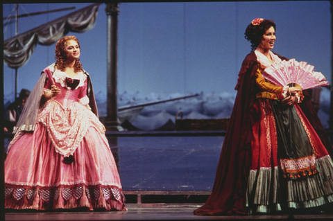 Tatiana Pavlovskaya (Clara d'Almanza), Anna Netrebko (Louisa), Betrothal in a Monastery, Sergei Prokofiev. San Francisco Opera, 1998-99. Photographer: Ken Friedman/San Francisco Opera.