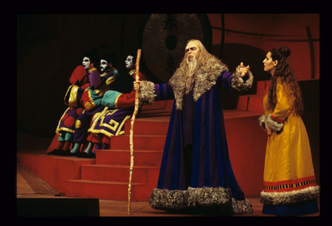 Theodore Baerg (Ping), Gary Rideout (Pang), Matthew Lord (Pong), Stefano Palatchi (Timur), Norah Amsellem (Liù), Turandot, Giacomo Puccini. San Francisco Opera, 1998-99. Photographer: Larry Merkle/San Francisco Opera.