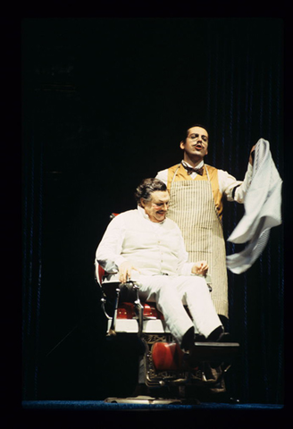 Kenneth Riegel (Gustav von Aschenbach), Alfonso Antoniozzi (The hotel barber), Death in Venice, Benjamin Britten. San Francisco Opera, 1997-98. Photographer: Marty Sohl/San Francisco Opera.