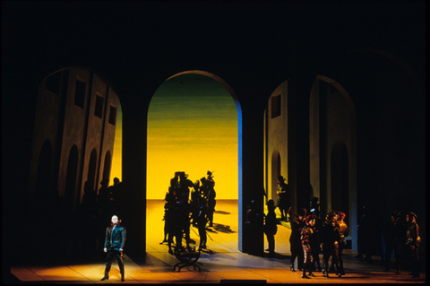 Martin Thompson (The Duke of Mantua), Ensemble, Rigoletto, Giuseppe Verdi. San Francisco Opera, 1997-98. Photographer: Ron Scherl/San Francisco Opera.