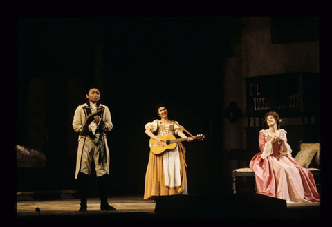 Zheng Cao (Cherubino), Anna Netrebko (Susanna), Nicolle Foland (Countess Almaviva), Le Nozze di Figaro, Wolfgang Amadeus Mozart. San Francisco Opera, 1997-98. Photographer: Marty Sohl/San Francisco Opera.