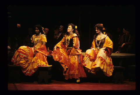 Pamela Dillard (Mercédès), Olga Borodina (Carmen), Nicolle Foland (Frasquita), Carmen, Georges Bizet. San Francisco Opera, 1996-97. Photographer: Marty Sohl/San Francisco Opera.