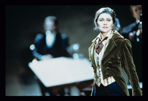 Samuel Ramey (Lindorf), Ruxandra Donose (Nicklausse), Les Contes d'Hoffmann, Jacques Offenbach. San Francisco Opera, 1996-97. Photographer: Ron Scherl/San Francisco Opera.