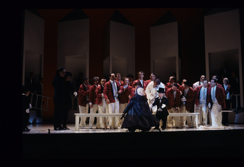 Monique Barscha (Fata Morgana), Gregory Reinhart (Tchélio), Ensemble, Love for Three Oranges, Sergei Prokofiev. San Francisco Opera, 1994-95. Photographer: Marty Sohl/San Francisco Opera.