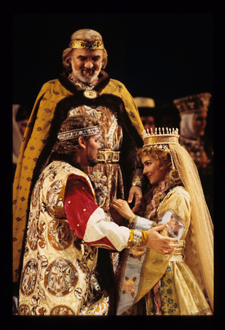 Gabor Andrasy (Svetozar), Anna Netrebko (Lyudmila), Jeffrey Wells (Ruslan), Ruslan and Lyudmila, Mikhail Ivanovich Glinka. San Francisco Opera, 1995-96. Photographer: Marty Sohl/San Francisco Opera.