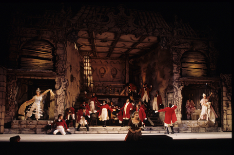 Nicolle Foland (Clorinda), Olga Borodina (Cenerentola), Elizabeth Bishop (Tisbe), Chorus, La Cenerentola, Gioachino Rossini. San Francisco Opera, 1995-96. Photographer: Marty Sohl/San Francisco Opera.