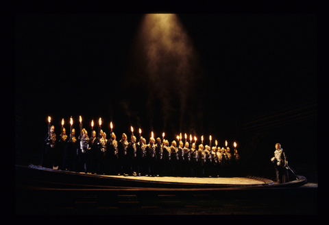 Rodney Gilfry (Valentin), Chorus, Faust, Charles Gounod. San Francisco Opera, 1995-96. Photographer: Marty Sohl/San Francisco Opera.