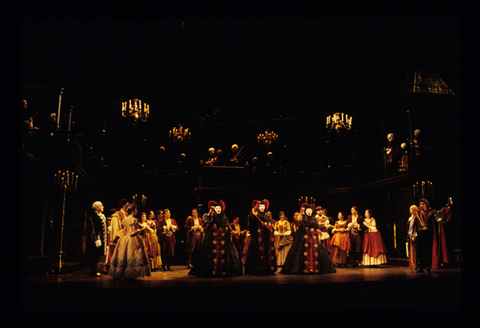 Earle Patriarco (Masetto), Rebecca Evans, (Zerlina), Deborah Riedel (Donna Anna), Daniela Dessì (Donna Elvira), John Mark Ainsley (Don Ottavio), Samuel Ramey (Don Giovanni), Ensemble, Don Giovanni, Wolfgang Amadeus Mozart. San Francisco Opera, 1995-96. Photographer: Marty Sohl/San Francisco Opera.