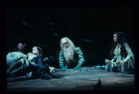 Pamela Dillard (Third Wood Nymph), Nicolle Foland (First Wood Nymph), Philip Skinner (The Water Spirit), Kristin Clayton (Second Wood Nymph), Rusalka, Antonín Dvořák. San Francisco Opera, 1995-96. Photographer: Marty Sohl/San Francisco Opera.