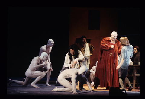 Sergei Leiferkus (Ruprecht), Konstantin Pluzhnikov (Mephistopheles), Ensemble, The Fiery Angel, Sergei Prokofiev. San Francisco Opera, 1994-95. Photographer: Marty Sohl/San Francisco Opera.