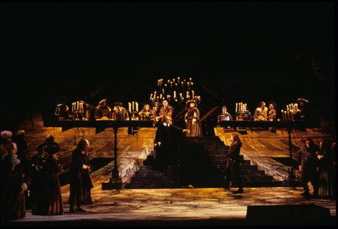 Alastair Miles (Raimondo), Ensemble, Lucia di Lammermoor, Gaetano Donizetti. San Francisco Opera, 1994-95. Photographer: Marty Sohl/San Francisco Opera.