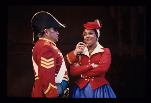 Michel Trempont (Sulpice), Kathleen Battle (Marie), La Fille du Régiment, Gaetano Donizetti. San Francisco Opera, 1993-94. Photographer: Marty Sohl/San Francisco Opera.