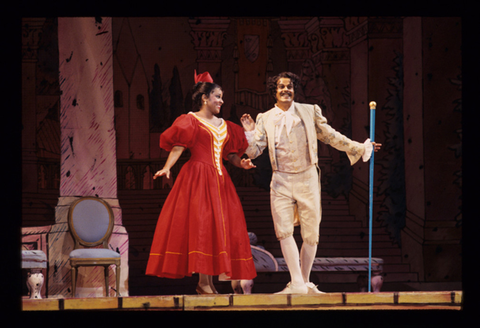 Kathleen Battle (Marie), Noe Zavala (Dancing Master), La Fille du Régiment, Gaetano Donizetti. San Francisco Opera, 1993-94. Photographer: Marty Sohl/San Francisco Opera.