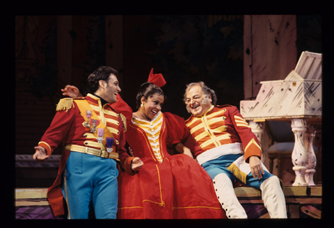 Frank Lopardo (Tonio), Kathleen Battle (Marie), Michel Trempont (Sulpice), La Fille du Régiment, Gaetano Donizetti. San Francisco Opera, 1993-94. Photographer: Marty Sohl/San Francisco Opera.