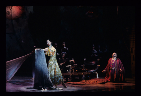 Maria Ewing (Salome), Robert Tear (Herod), Ensemble, Salome, Richard Strauss. San Francisco Opera, 1992-93. Photographer: Marty Sohl/San Francisco Opera.