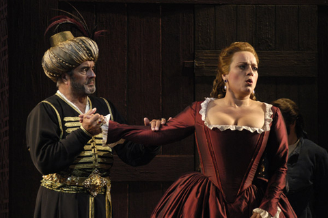 Frank Hoffmann (Pasha Selim), Regina Schӧrg (Constanze), Die Entführung aus dem Serail, Wolfgang Amadeus Mozart. San Francisco Opera, 2002-03. Photographer: Larry Merkle/San Francisco Opera.