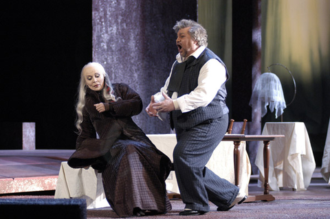 Hanna Schwarz (Kabnicha), Victor Chernomortsev (Dikoj), Kát'a Kabanová, Leoš Janáček. San Francisco Opera, 2002-03. Photographer: Larry Merkle/San Francisco Opera.