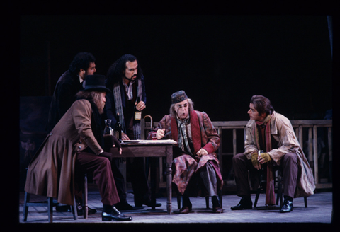 Philip Skinner (Colline), Roberto Aronica (Rodolfo), Hector Vasquez (Schaunard), Renato Capecchi (Benoit), William Shimell (Marcello), La Bohème, Giacomo Puccini. San Francisco Opera, 1993-94. Photographer: Marty Sohl/San Francisco Opera.