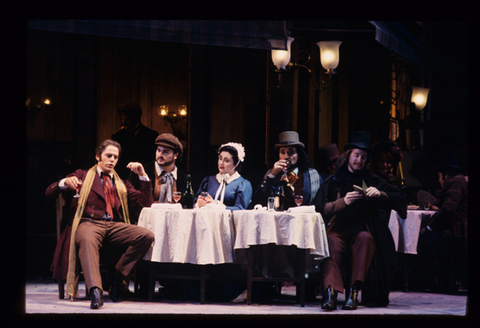 William Shimell (Marcello), Roberto Aronica (Rodolfo), Verónica Villarroel (Mimì), Hector Vasquez (Schaunard), Philip Skinner (Colline), La Bohème, Giacomo Puccini. San Francisco Opera, 1993-94. Photographer: Marty Sohl/San Francisco Opera.