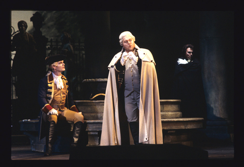 Magnus Baldvinsson (Surin), Valery Alexeiev (Count Tomsky), Vladimir Atlantov (Gherman), Pikovaya Dama, Pyotr Ilyich Tchaikovsky. San Francisco Opera, 1993-94. Photographer: Marty Sohl/San Francisco Opera.