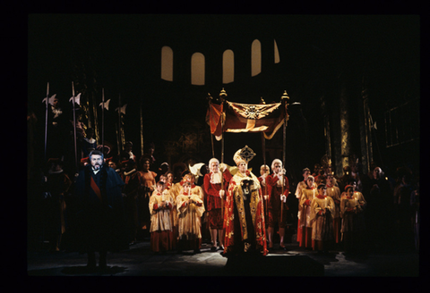 Juan Pons (Baron Scarpia), Ensemble, Tosca, Giacomo Puccini. San Francisco Opera, 1992-93. Photographer: Marty Sohl/San Francisco Opera.