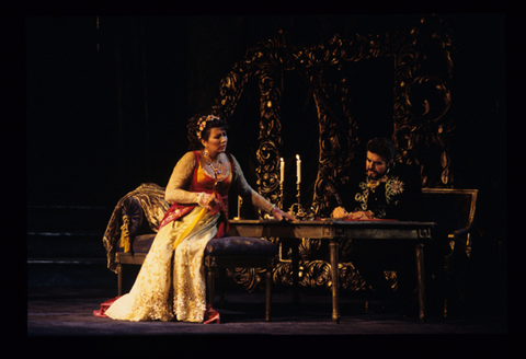 Maria Guleghina (Tosca), Juan Pons (Baron Scarpia), Tosca, Giacomo Puccini. San Francisco Opera, 1992-93. Photographer: Marty Sohl/San Francisco Opera.