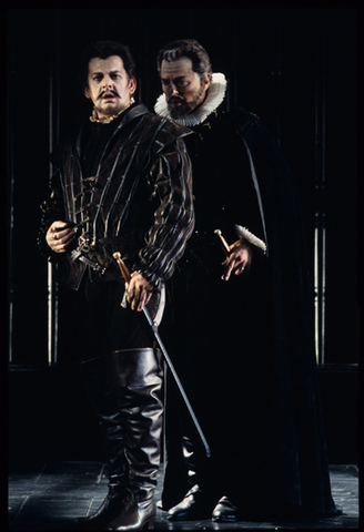 Thomas Allen (Rodrigo), Robert Lloyd (Philip II), Don Carlo, Giuseppe Verdi. San Francisco Opera, 1992-93. Photographer: Marty Sohl/San Francisco Opera.