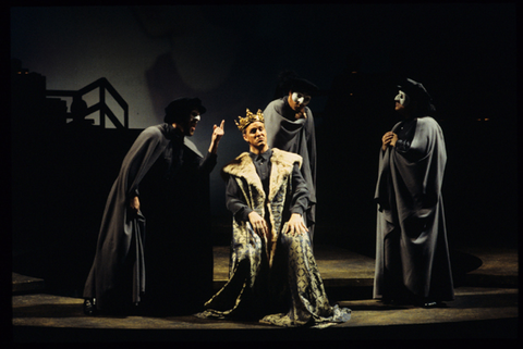 Stephen Guggenheim (First Wise Man), Philip Skinner (King of Spain), Earle Patriarco (Second Wise Man), Scott Wilde (Third Wise Man), Christophe Colomb, Darius Milhaud. San Francisco Opera, 1992-93. Photographer: Larry Merkle/San Francisco Opera.