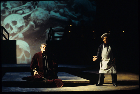 Jean-Philippe Lafont (Christopher Columbus I), Michel Sénéchal (The Cook), Christophe Colomb, Darius Milhaud. San Francisco Opera, 1992-93. Photographer: Larry Merkle/San Francisco Opera.