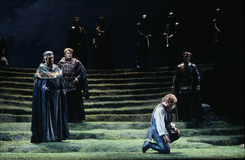 Alfred Muff (King Marke), John David De Haan (Melot), William Johns (Tristan), Hartmut Welker (Kurwenal), Tristan und Isolde, Richard Wagner. San Francisco Opera, 1991-92. Photographer: Marty Sohl/San Francisco Opera.