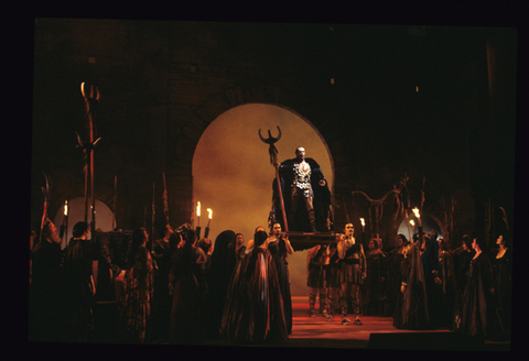 Samuel Ramey (Attila), Ensemble, Attila, Giuseppe Verdi. San Francisco Opera, 1991-92. Photographer: Marty Sohl/San Francisco Opera.