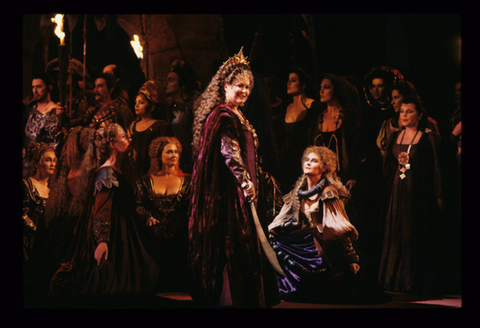 Elizabeth Connell (Odabella), Chorus, Attila, Giuseppe Verdi. San Francisco Opera, 1991-92. Photographer: Marty Sohl/San Francisco Opera.