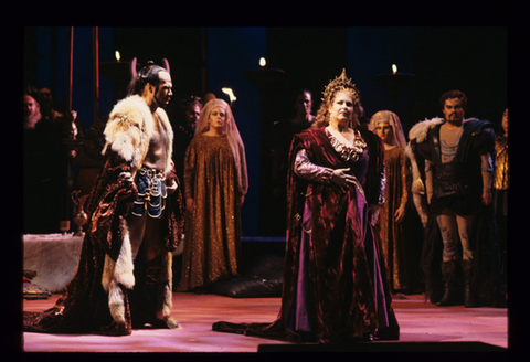 Samuel Ramey (Attila), Elizabeth Connell (Odabella), Chorus, Attila, Giuseppe Verdi. San Francisco Opera, 1991-92. Photographer: Marty Sohl/San Francisco Opera.