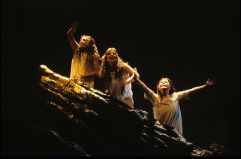 Ann Panagulias (Woglinde), Mary Mills (Wellgunde), Sandra Walker (Flosshilde), Das Rheingold, Richard Wagner. San Francisco Opera, 1989-90. Photographer: Marty Sohl/San Francisco Opera.