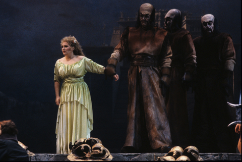 Patricia Racette (Freia), Eric Halfvarson (Fasolt), James Patterson (Fafner), Supernumerary, Das Rheingold, Richard Wagner. San Francisco Opera, 1989-90. Photographer: Marty Sohl/San Francisco Opera.