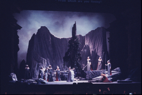 Janis Martin (Brünnhilde), Rebecca Blankenship (Sieglinde), Ensemble, Die Walküre, Richard Wagner. San Francisco Opera, 1989-90. Photographer: Larry Merkle/San Francisco Opera.