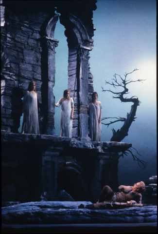 Mary Mills (Wellgunde), Ann Panagulias (Woglinde), Sandra Walker (Flosshilde), William Johns (Siegfried), Götterdämmerung, Richard Wagner. San Francisco Opera, 1989-90. Photographer: Marty Sohl/San Francisco Opera.