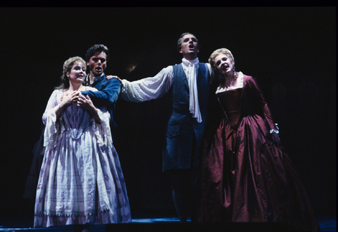 Cheryl Parrish (Blondchen), Lars Magnusson (Pedrillo), Kurt Streit (Belmonte), Susan Patterson (Constanze), Die Entführung aus dem Serail, Wolfgang Amadeus Mozart. San Francisco Opera, 1990-91. Photographer: Marty Sohl/San Francisco Opera.