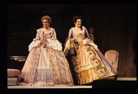 Kiri Te Kanawa (The Countess), Tatiana Troyanos (Clairon), Capriccio, Richard Strauss. San Francisco Opera, 1992-93. Photographer: Marty Sohl/San Francisco Opera.