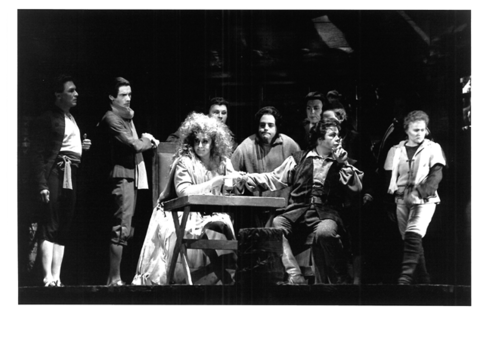 Diane Curry (Ulrica), Ermanno Mauro (Riccardo), Tracy Dahl (Oscar), Chorus, Un Ballo in Maschera, Giuseppe Verdi. San Francisco Opera, 1990-91. Photographer: Marty Sohl/San Francisco Opera.