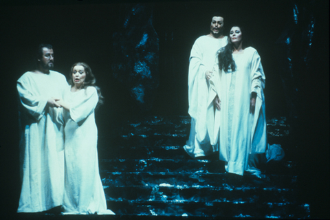 Alfred Muff (Barak), Gwyneth Jones (Barak's Wife), William Johns ( The Emperor), Mary Jane Johnson (The Empress), Die Frau ohne Schatten, Richard Strauss. San Francisco Opera, 1989-90. Photographer: Ron Scherl/San Francisco Opera.