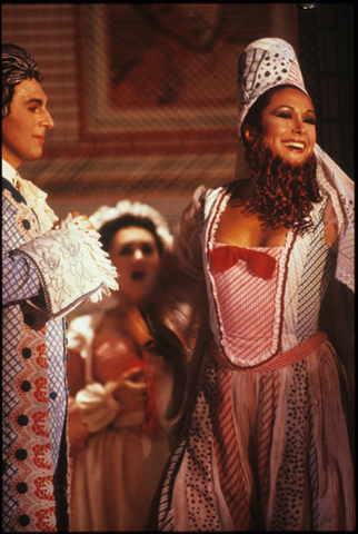 Jerry Hadley (Tom Rakewell), Victoria Vergara (Baba the Turk), The Rake's Progress, Igor Stravinsky. San Francisco Opera, 1988-89. Photographer: Ron Scherl/San Francisco Opera.